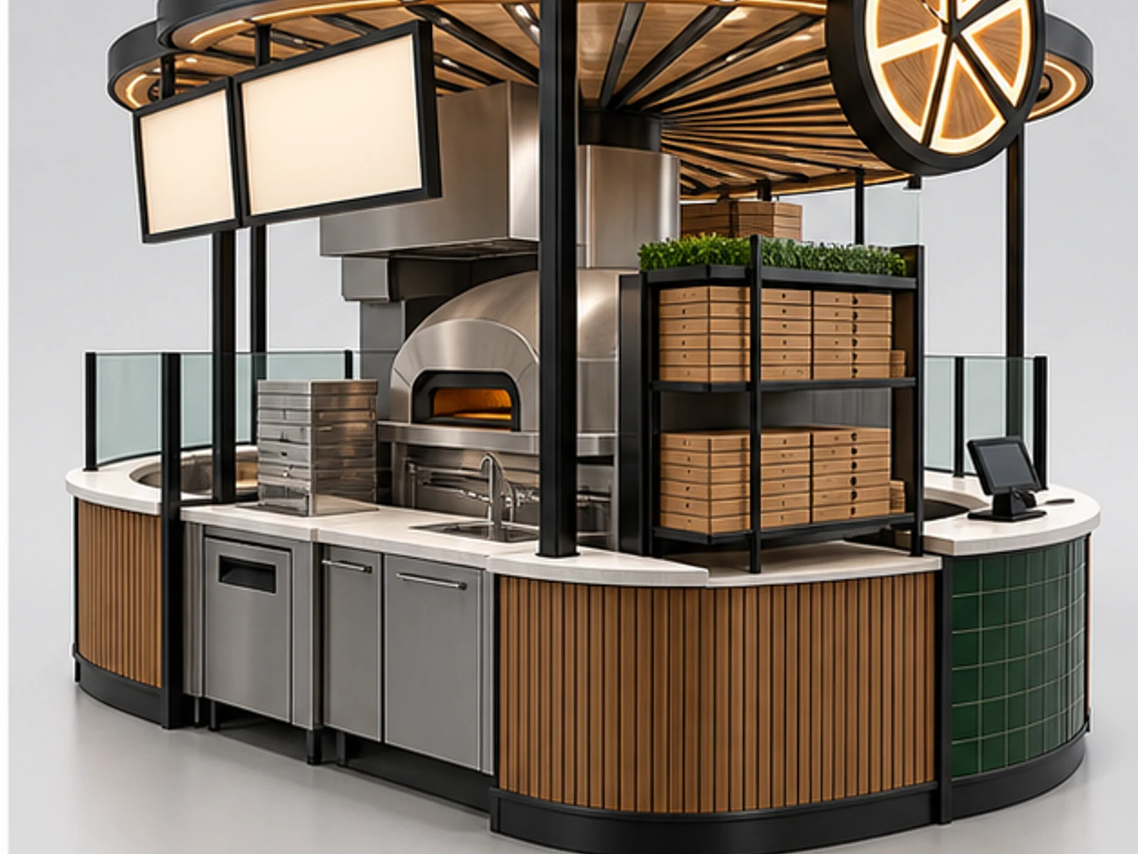 Island Pizza Kiosk with Multi-Side Ordering opposite angle showing overall kiosk layout