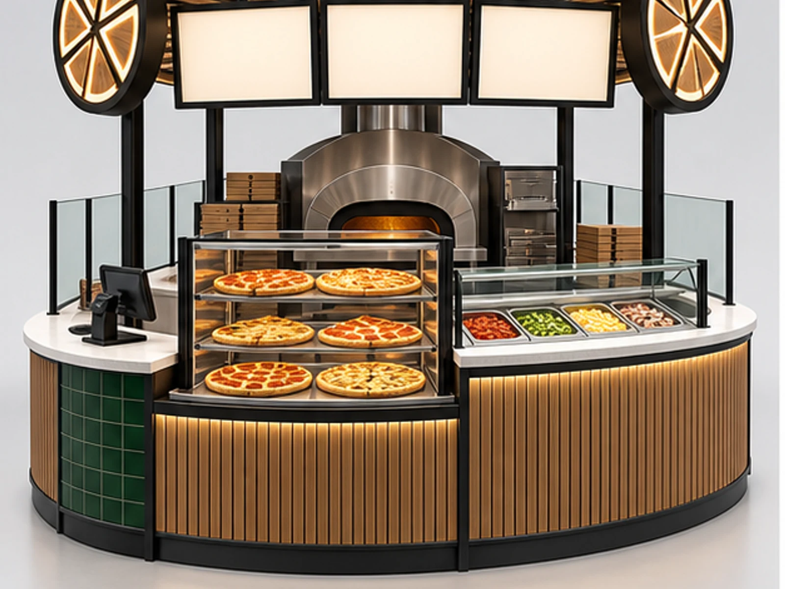 Island Pizza Kiosk with Multi-Side Ordering customer-facing display and service counter