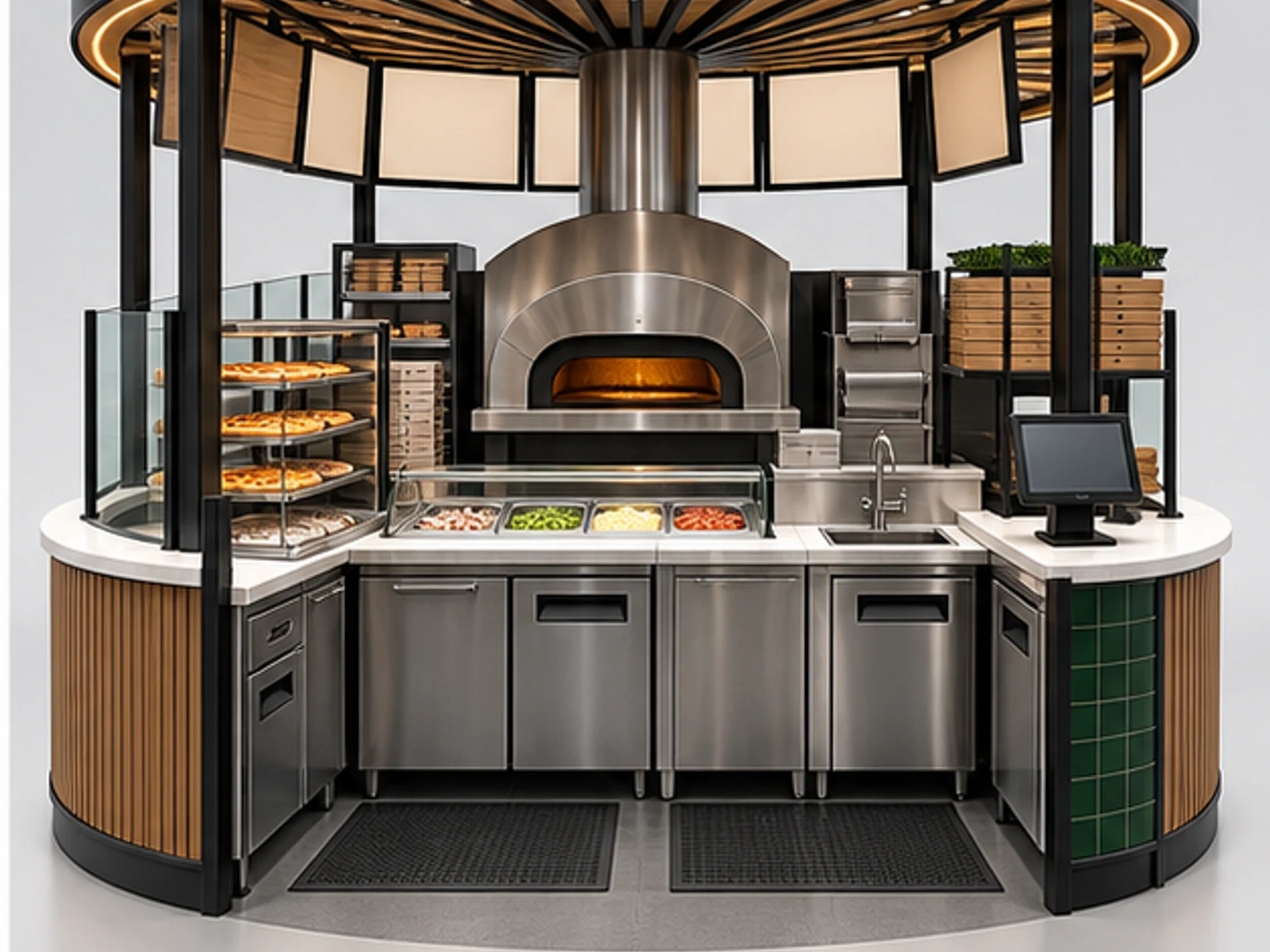 Island Pizza Kiosk with Multi-Side Ordering staff-side equipment and storage layout
