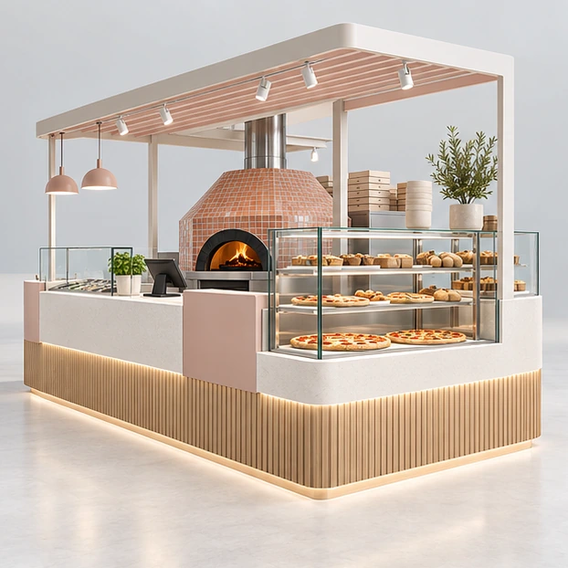 Island Pizza Kiosk with Separate Order and Collection Points main three-quarter product rendering