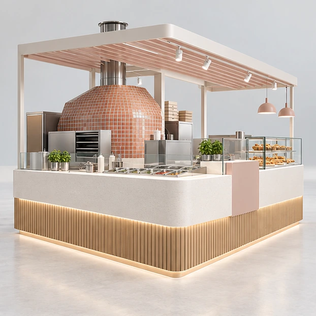 Island Pizza Kiosk with Separate Order and Collection Points opposite angle showing its complete footprint and display layout