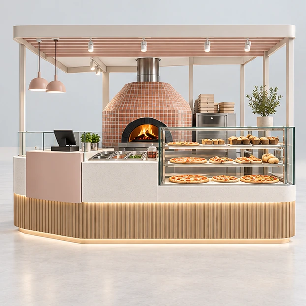 Island Pizza Kiosk with Separate Order and Collection Points customer-facing service and display view