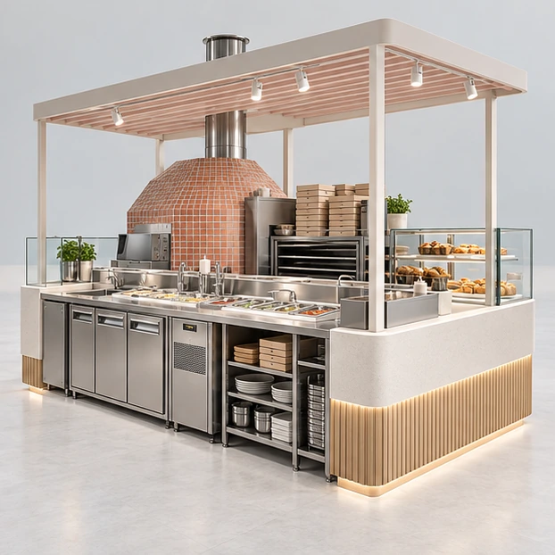 Island Pizza Kiosk with Separate Order and Collection Points operator-side equipment, access, and storage view