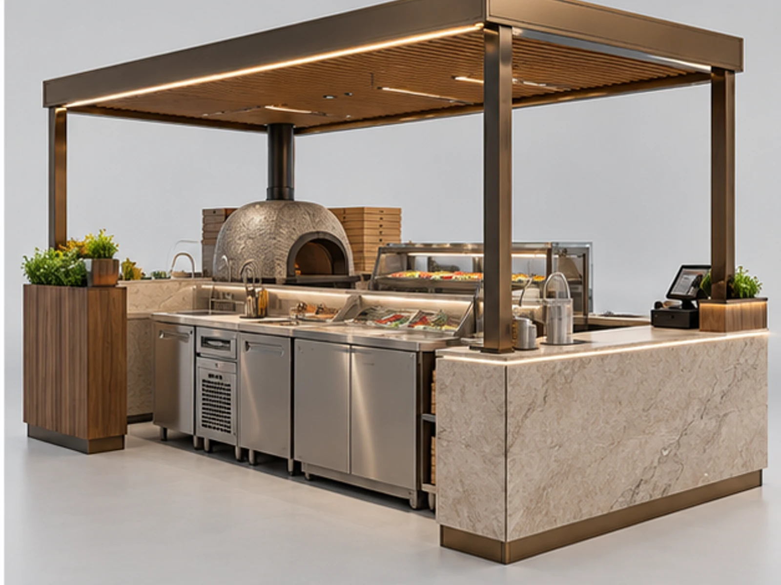Luxury Pizza Kiosk with Stone Service Counter opposite angle showing overall kiosk layout