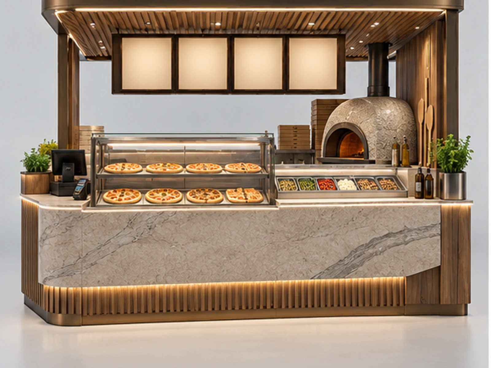 Luxury Pizza Kiosk with Stone Service Counter customer-facing display and service counter