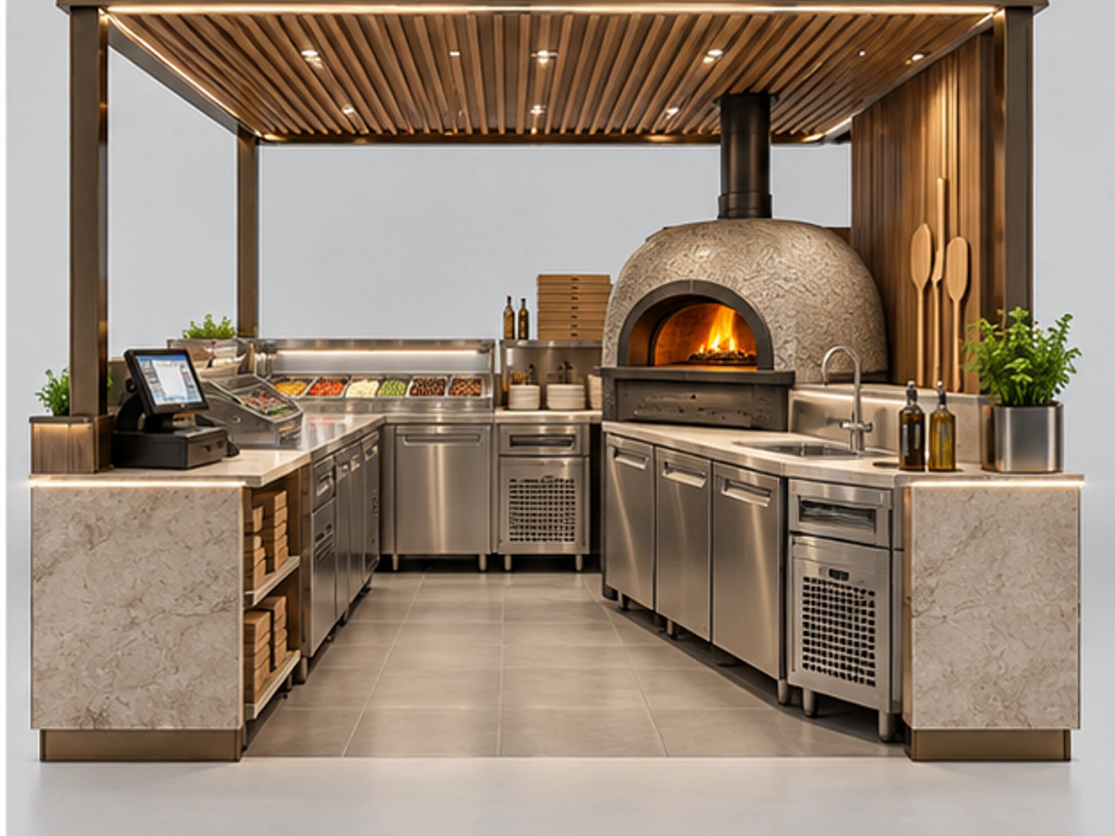 Luxury Pizza Kiosk with Stone Service Counter staff-side equipment and storage layout