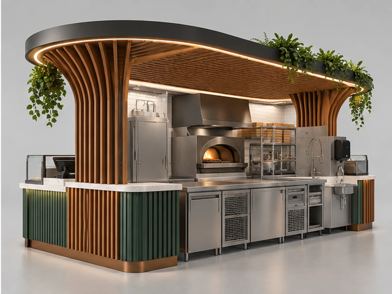 Mall Pizza Counter with Order Pickup Separation opposite angle showing overall kiosk layout