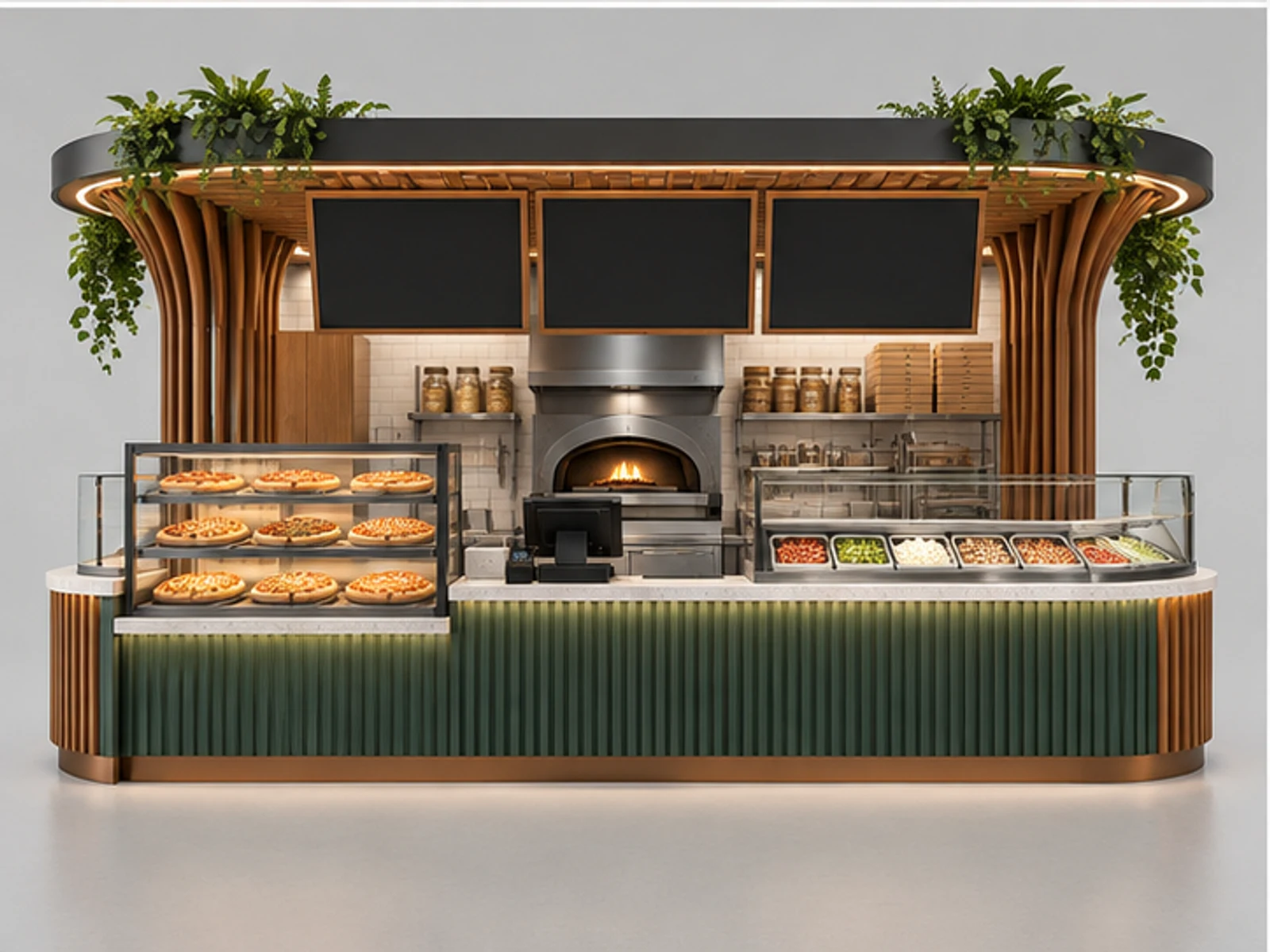 Mall Pizza Counter with Order Pickup Separation customer-facing display and service counter