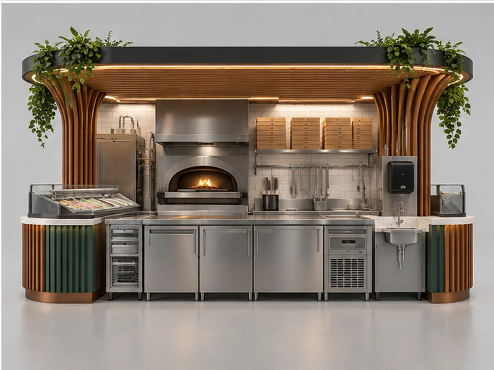 Mall Pizza Counter with Order Pickup Separation staff-side equipment and storage layout