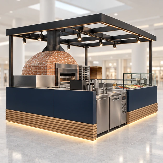 Mall Pizza Kiosk with Customer-Facing Deck Oven opposite angle showing its complete footprint and display layout