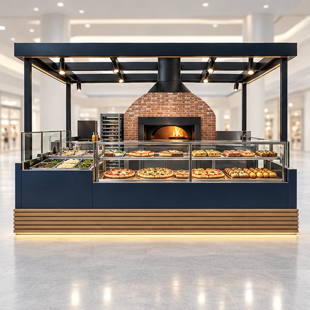 Mall Pizza Kiosk with Customer-Facing Deck Oven customer-facing service and display view