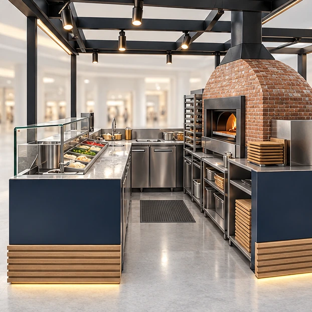 Mall Pizza Kiosk with Customer-Facing Deck Oven operator-side equipment, access, and storage view
