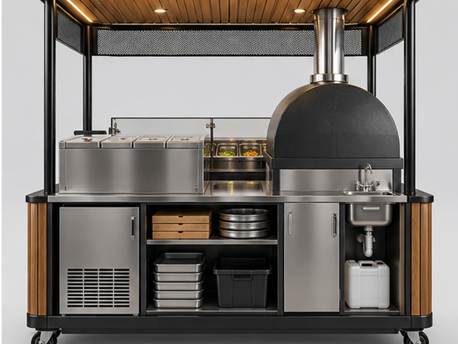 Mobile Pizza Cart with Equipment Storage opposite angle showing overall kiosk layout