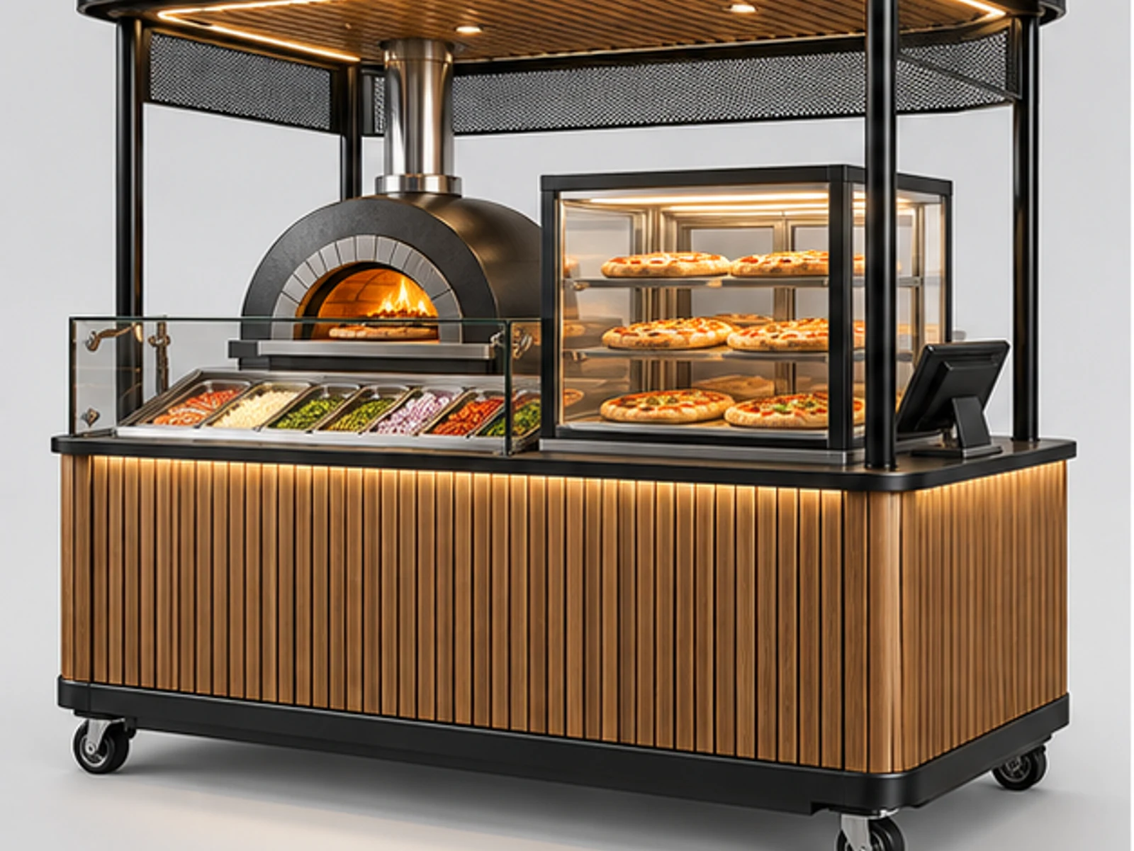 Mobile Pizza Cart with Equipment Storage customer-facing display and service counter