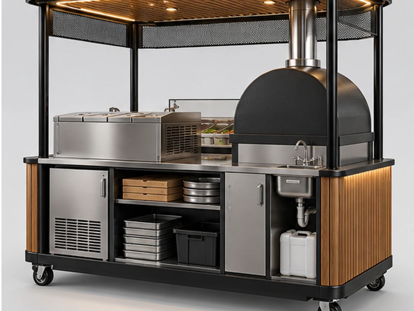 Mobile Pizza Cart with Equipment Storage staff-side equipment and storage layout
