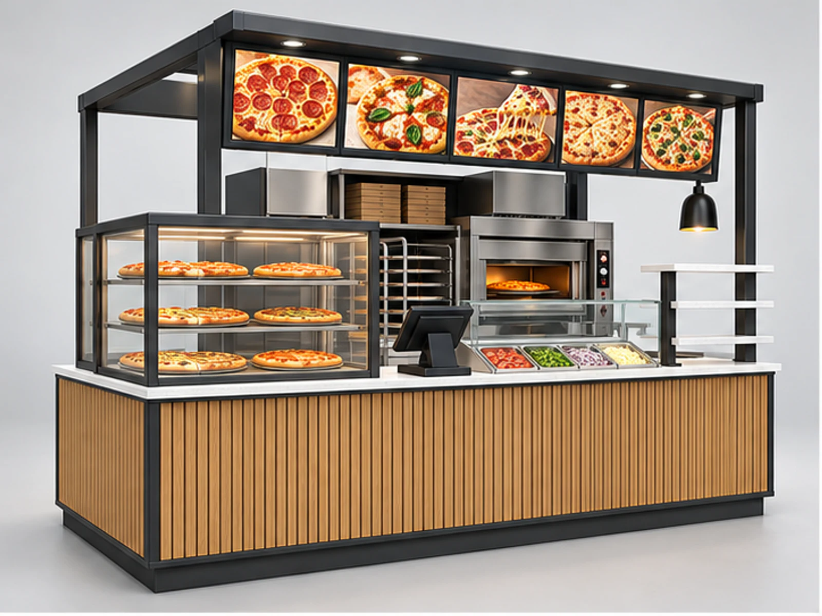 Modern Pizza Kiosk with Heated Display Counter main three-quarter product view