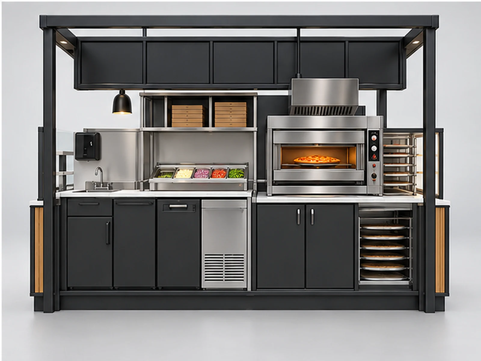 Modern Pizza Kiosk with Heated Display Counter staff-side equipment and storage layout