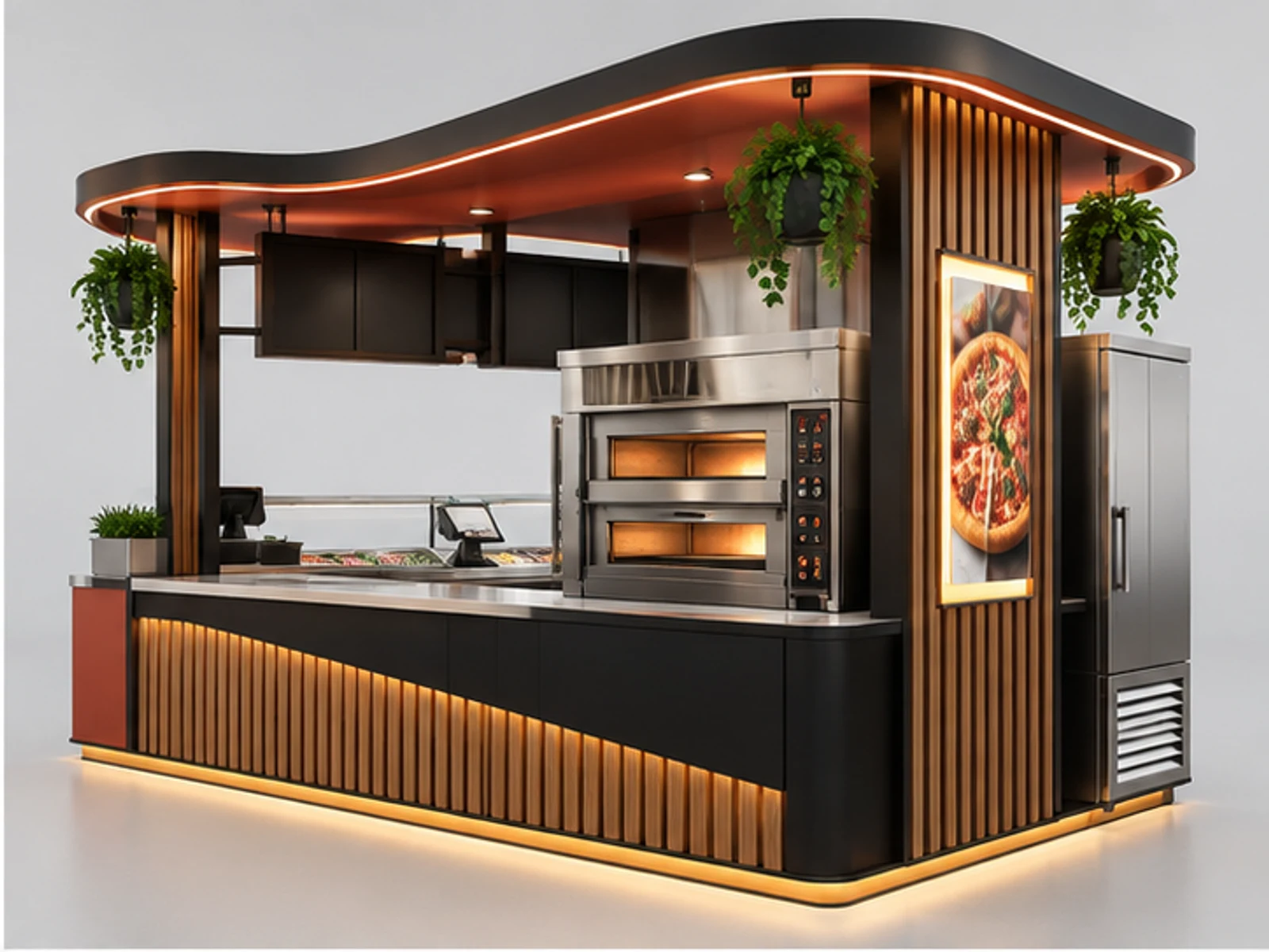 Modular Pizza Kiosk for Franchise Rollout opposite angle showing overall kiosk layout
