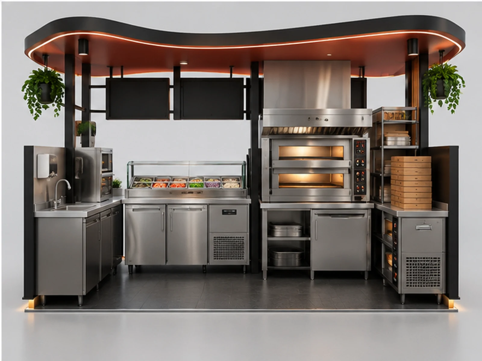Modular Pizza Kiosk for Franchise Rollout staff-side equipment and storage layout