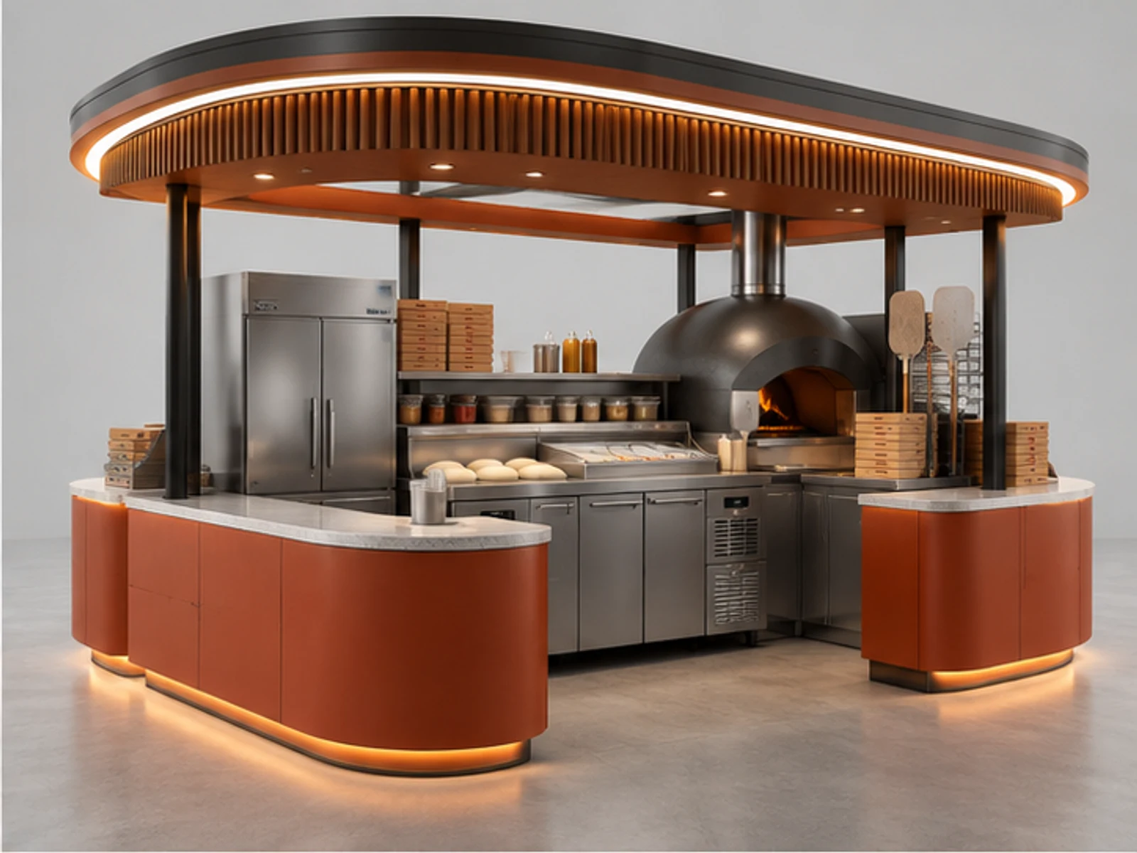Open Pizza Kiosk with Glass Hot Display opposite angle showing overall kiosk layout