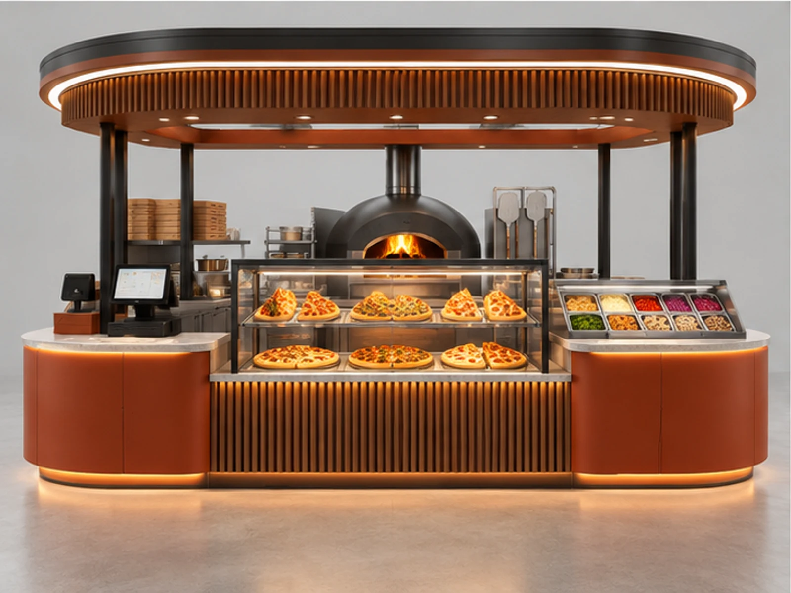 Open Pizza Kiosk with Glass Hot Display customer-facing display and service counter