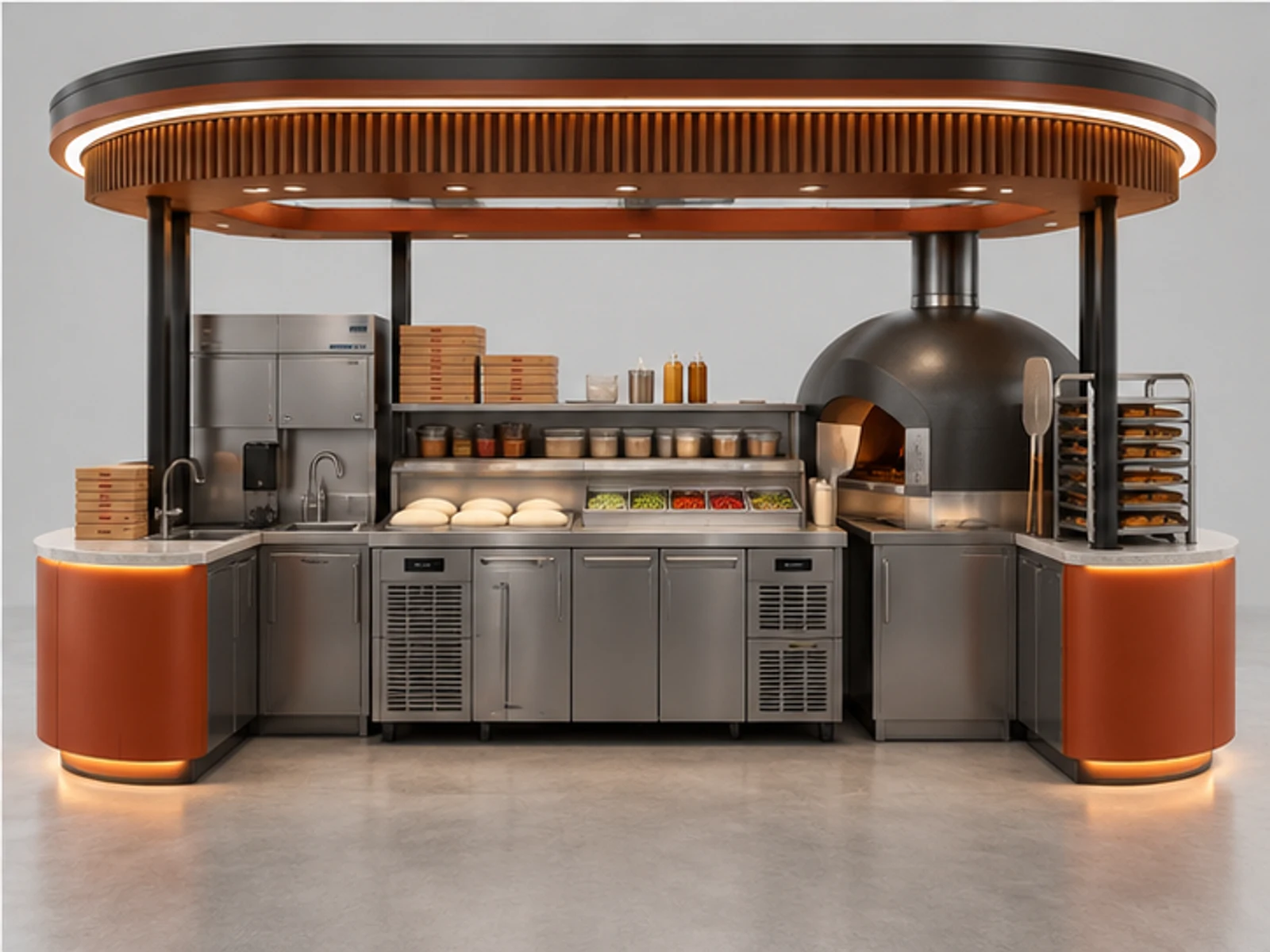 Open Pizza Kiosk with Glass Hot Display staff-side equipment and storage layout