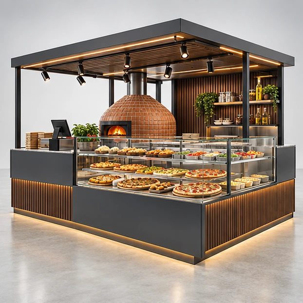 Pizza and Pasta Kiosk with Shared Hot Line main three-quarter product rendering