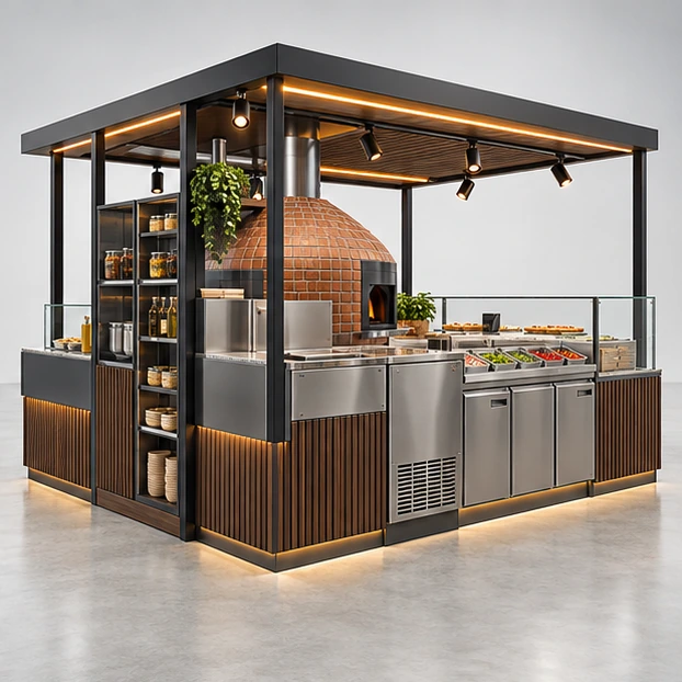 Pizza and Pasta Kiosk with Shared Hot Line opposite angle showing its complete footprint and display layout