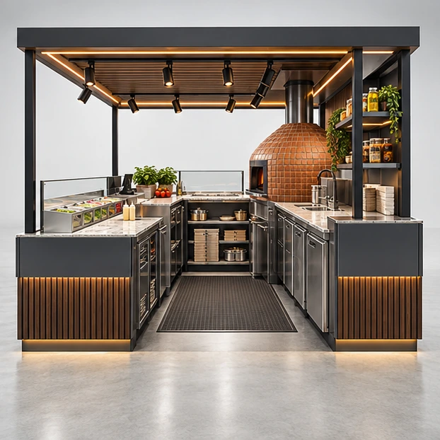 Pizza and Pasta Kiosk with Shared Hot Line operator-side equipment, access, and storage view
