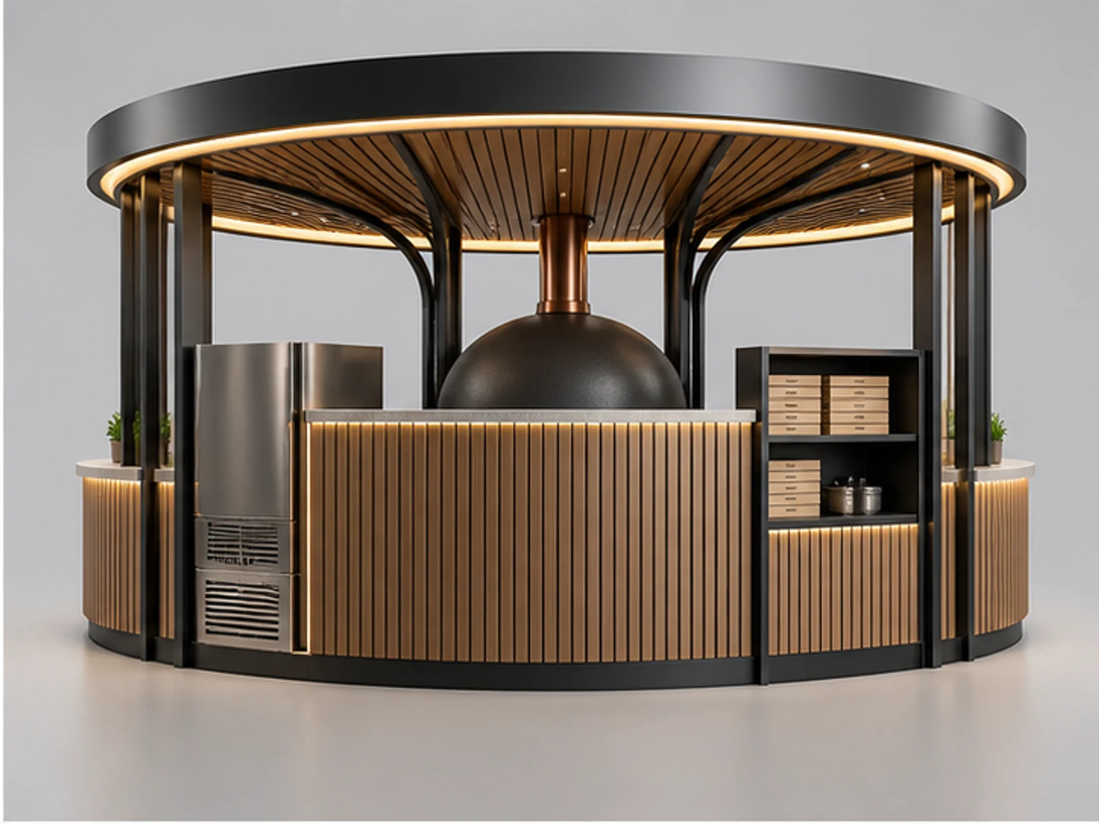 Pizza Bar Kiosk with Customer Seating opposite angle showing overall kiosk layout