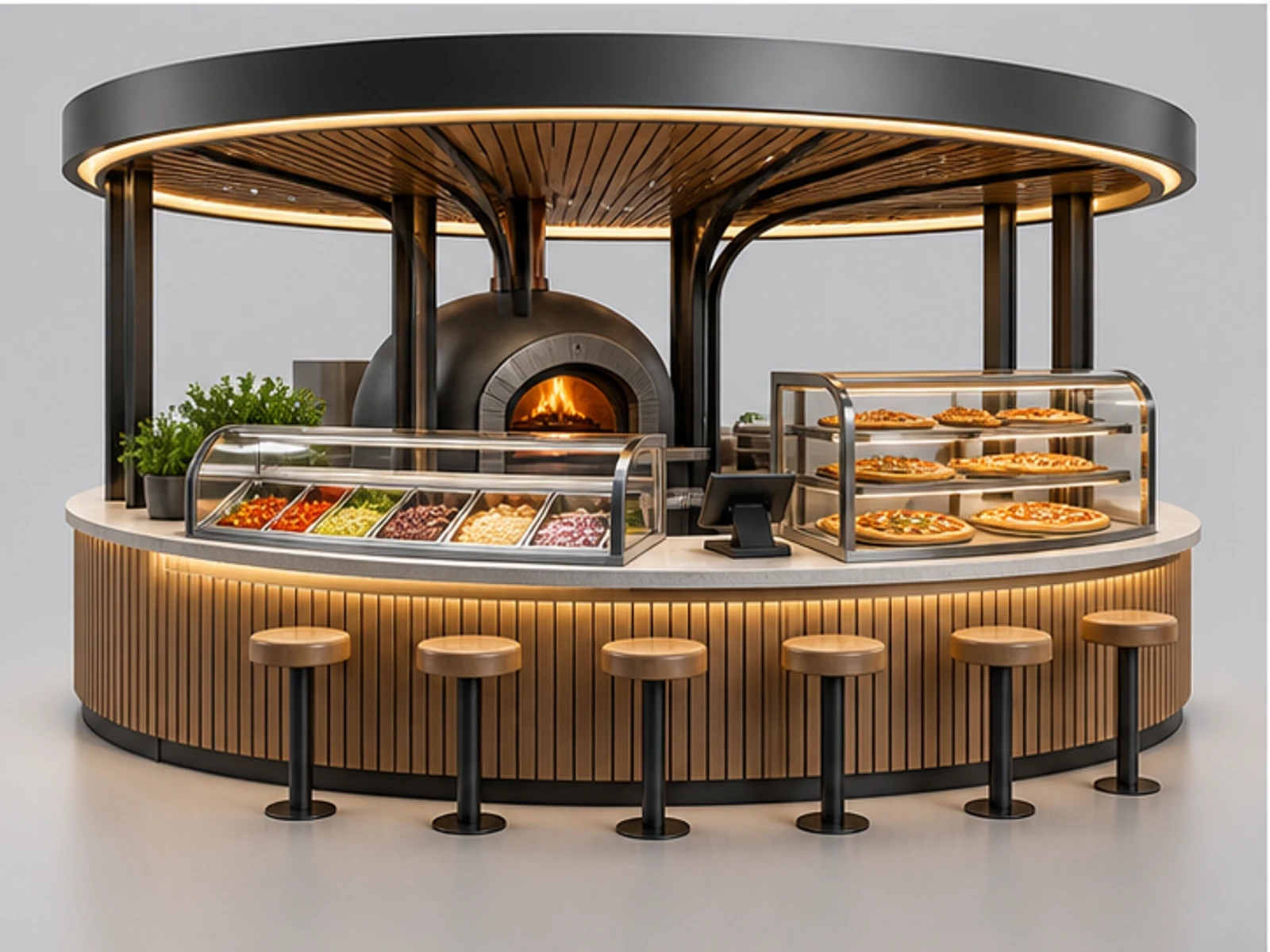 Pizza Bar Kiosk with Customer Seating customer-facing display and service counter