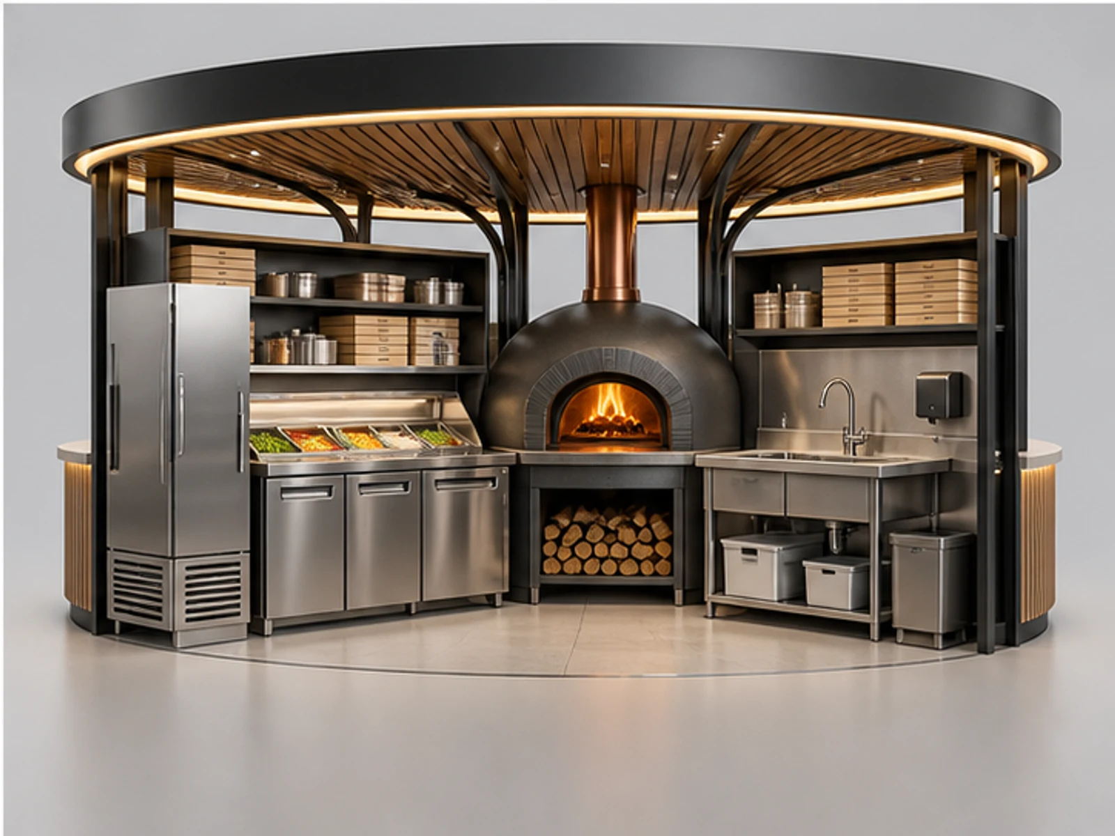 Pizza Bar Kiosk with Customer Seating staff-side equipment and storage layout