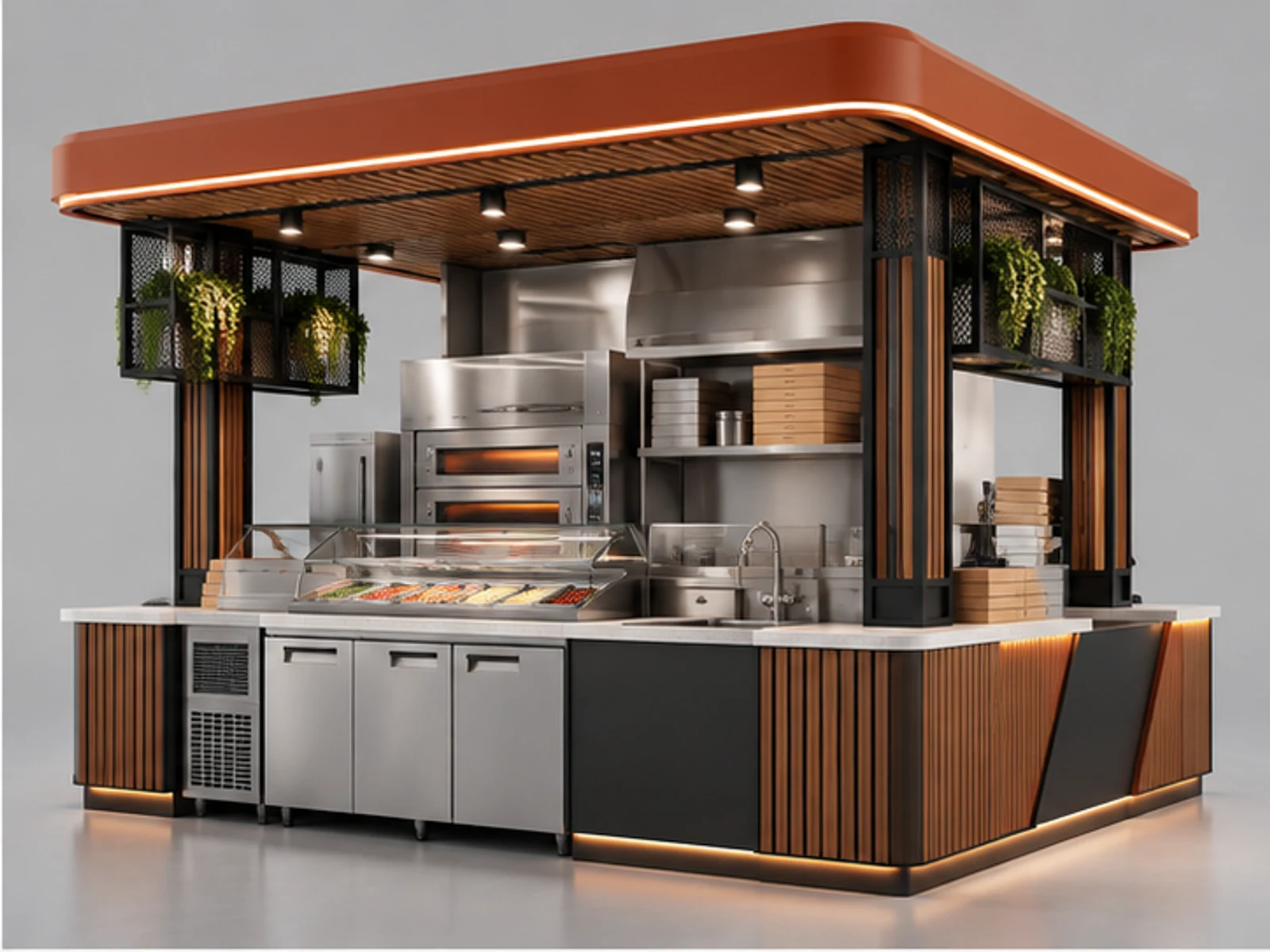 Pizza Kiosk Manufacturer Turnkey Design opposite angle showing overall kiosk layout