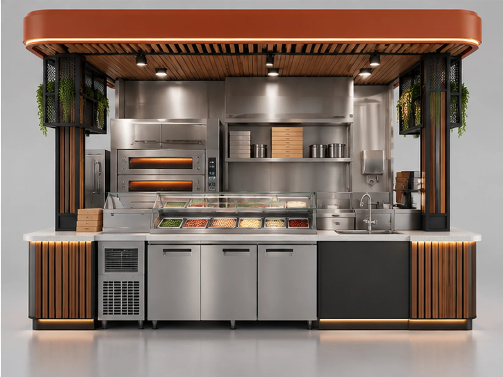 Pizza Kiosk Manufacturer Turnkey Design staff-side equipment and storage layout