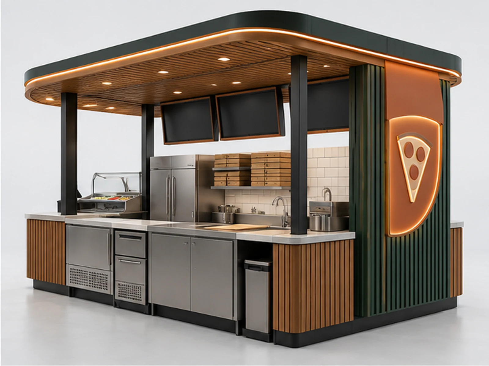 Pizza Slice Kiosk with Fast Pickup Counter opposite angle showing overall kiosk layout