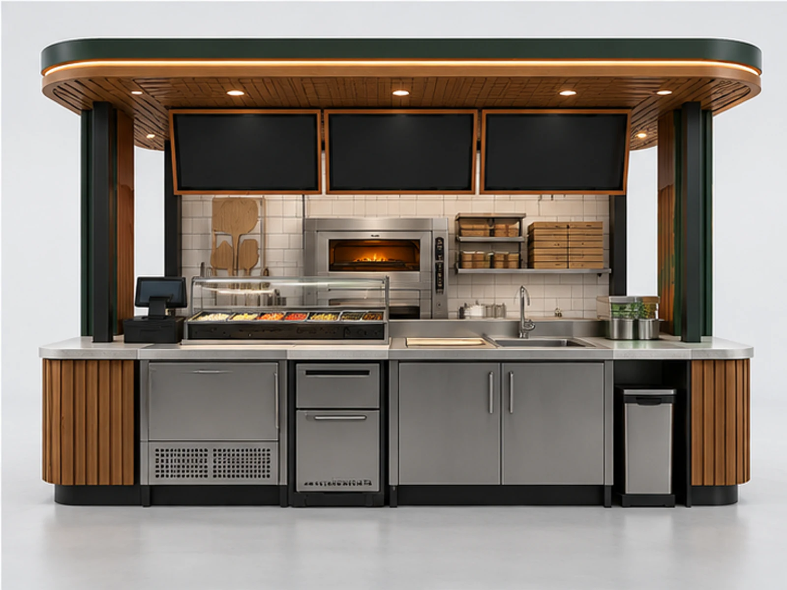Pizza Slice Kiosk with Fast Pickup Counter staff-side equipment and storage layout