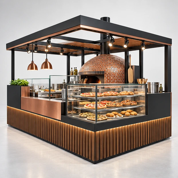 Premium Pizza Kiosk with Glass Slice Case and Brand Tower main three-quarter product rendering
