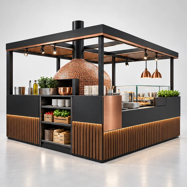 Premium Pizza Kiosk with Glass Slice Case and Brand Tower opposite angle showing its complete footprint and display layout