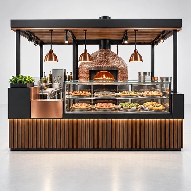 Premium Pizza Kiosk with Glass Slice Case and Brand Tower customer-facing service and display view