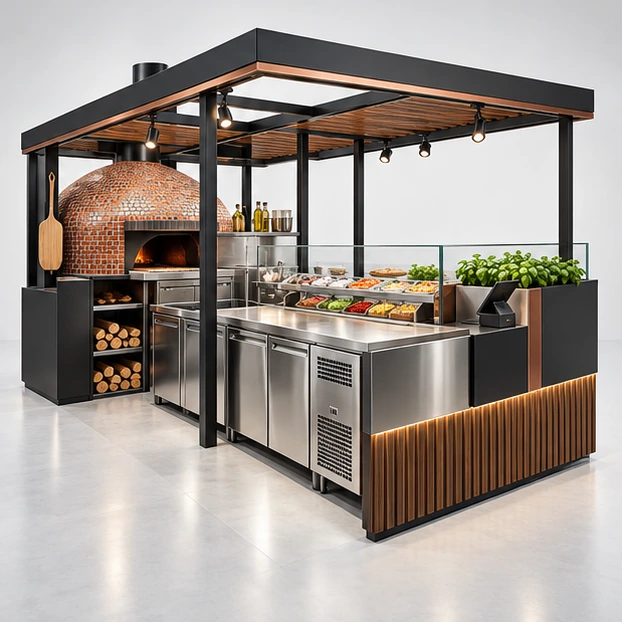 Premium Pizza Kiosk with Glass Slice Case and Brand Tower operator-side equipment, access, and storage view