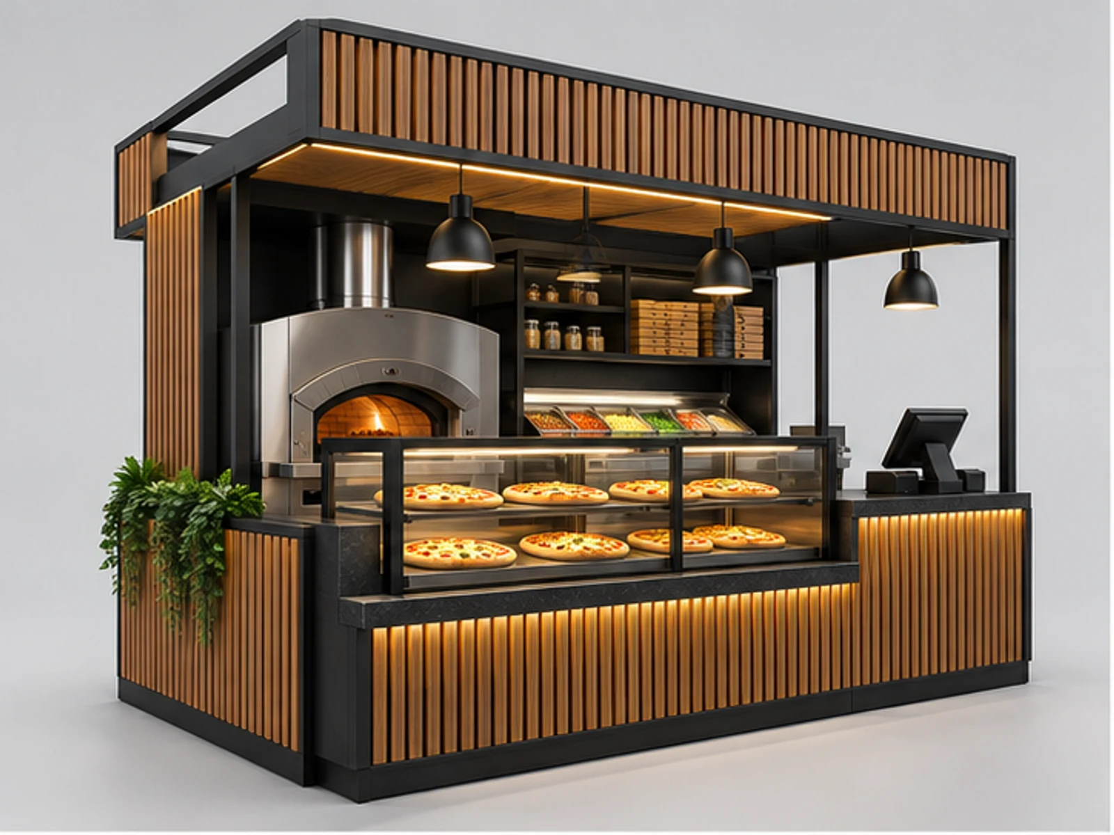 Premium Pizza Kiosk with Wood Slat Finish main three-quarter product view
