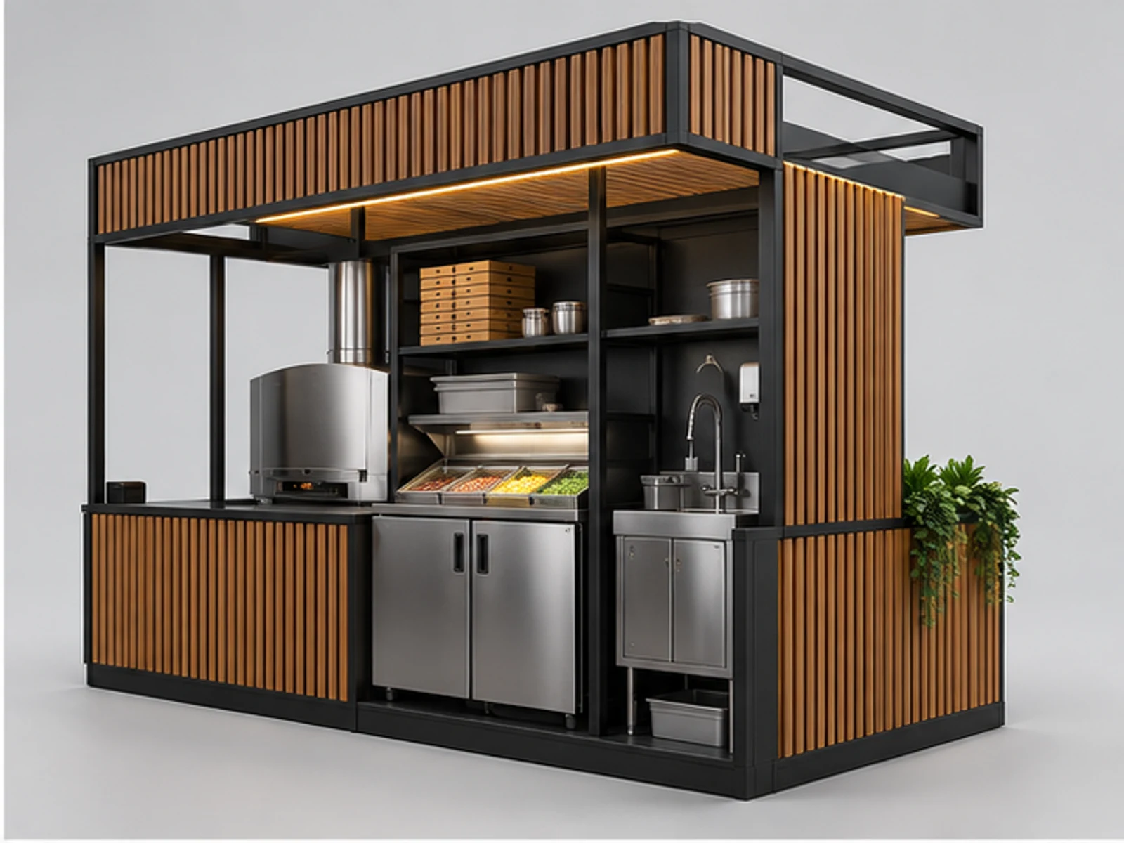 Premium Pizza Kiosk with Wood Slat Finish opposite angle showing overall kiosk layout