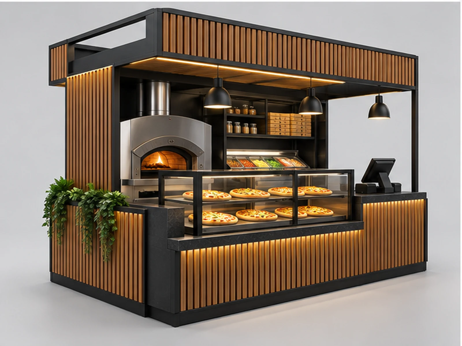 Premium Pizza Kiosk with Wood Slat Finish customer-facing display and service counter