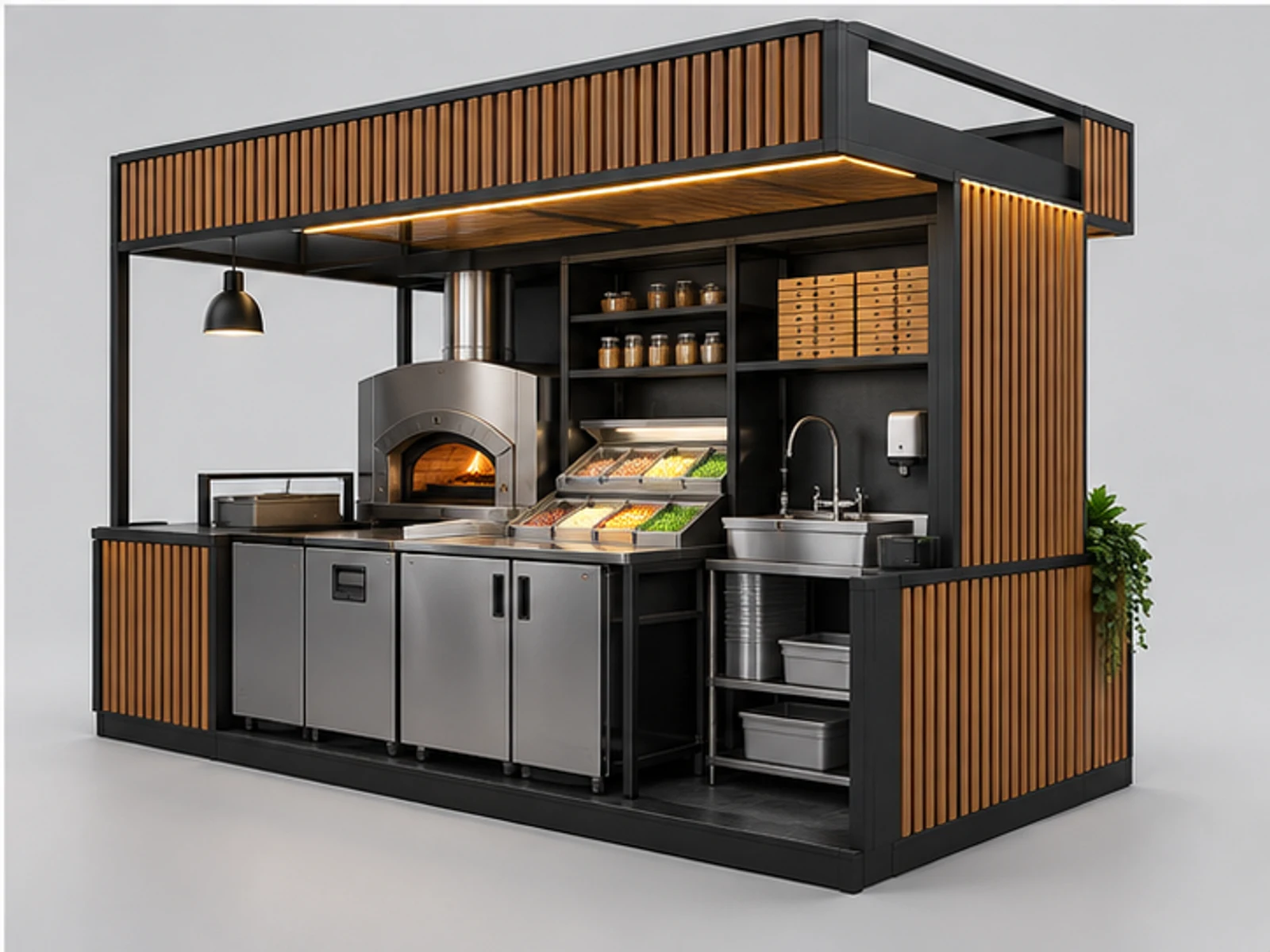 Premium Pizza Kiosk with Wood Slat Finish staff-side equipment and storage layout