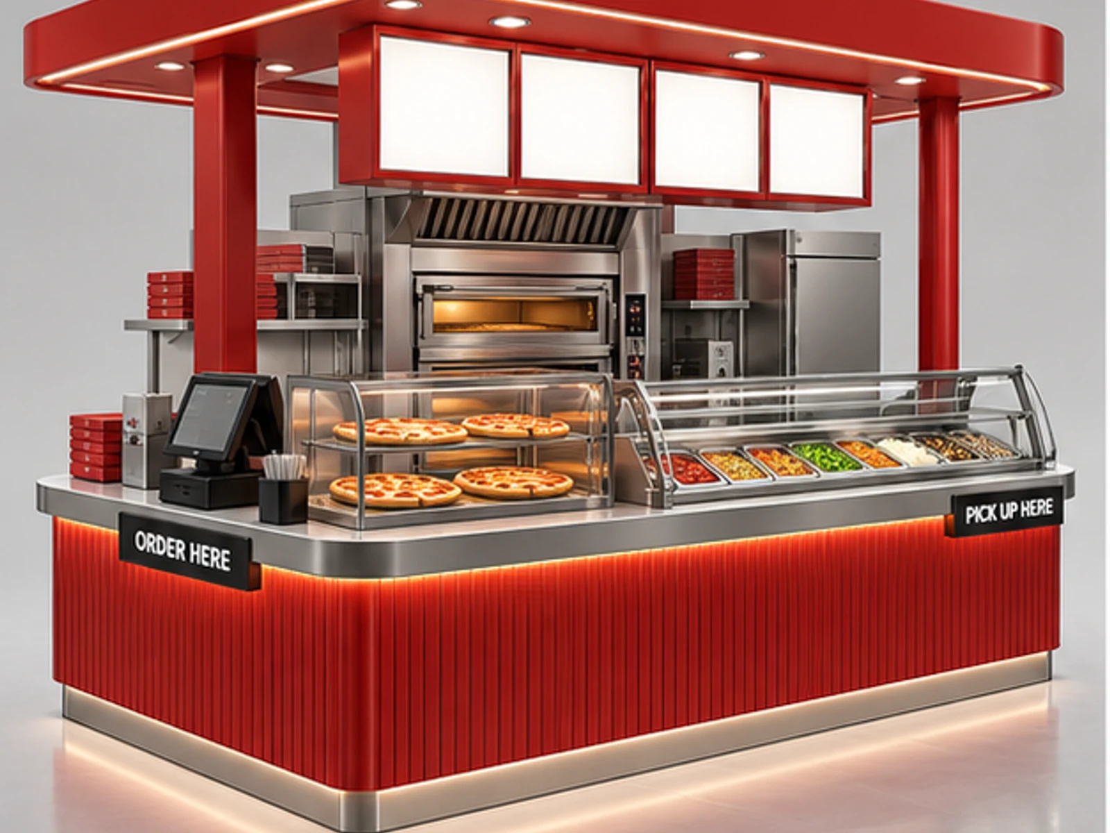 Red Pizza Booth with Refrigerated Topping Rail main three-quarter product view