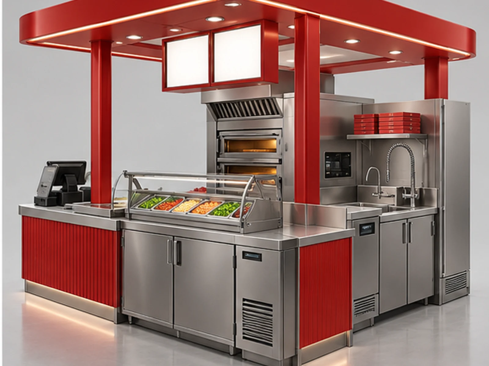 Red Pizza Booth with Refrigerated Topping Rail opposite angle showing overall kiosk layout