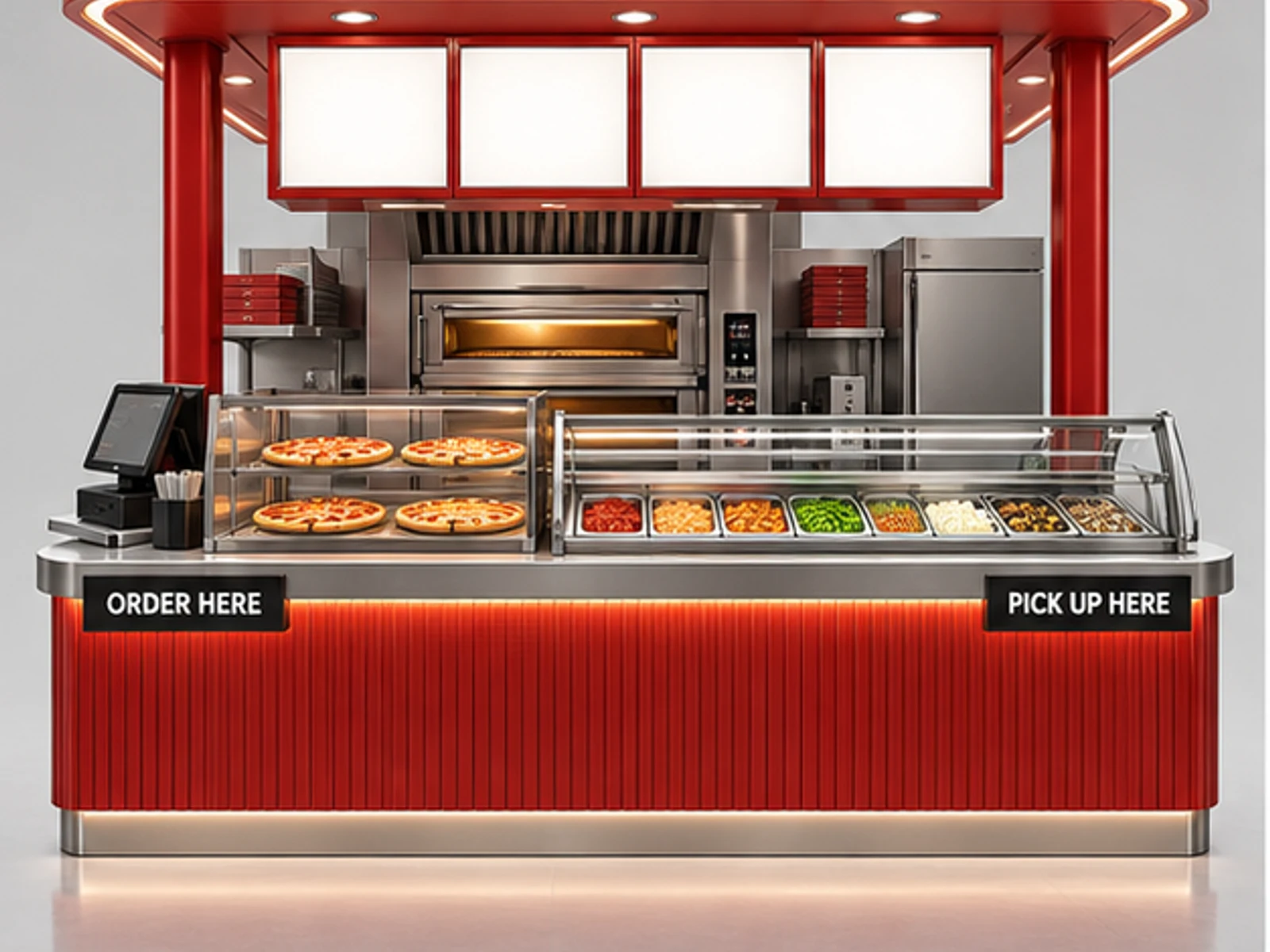 Red Pizza Booth with Refrigerated Topping Rail customer-facing display and service counter