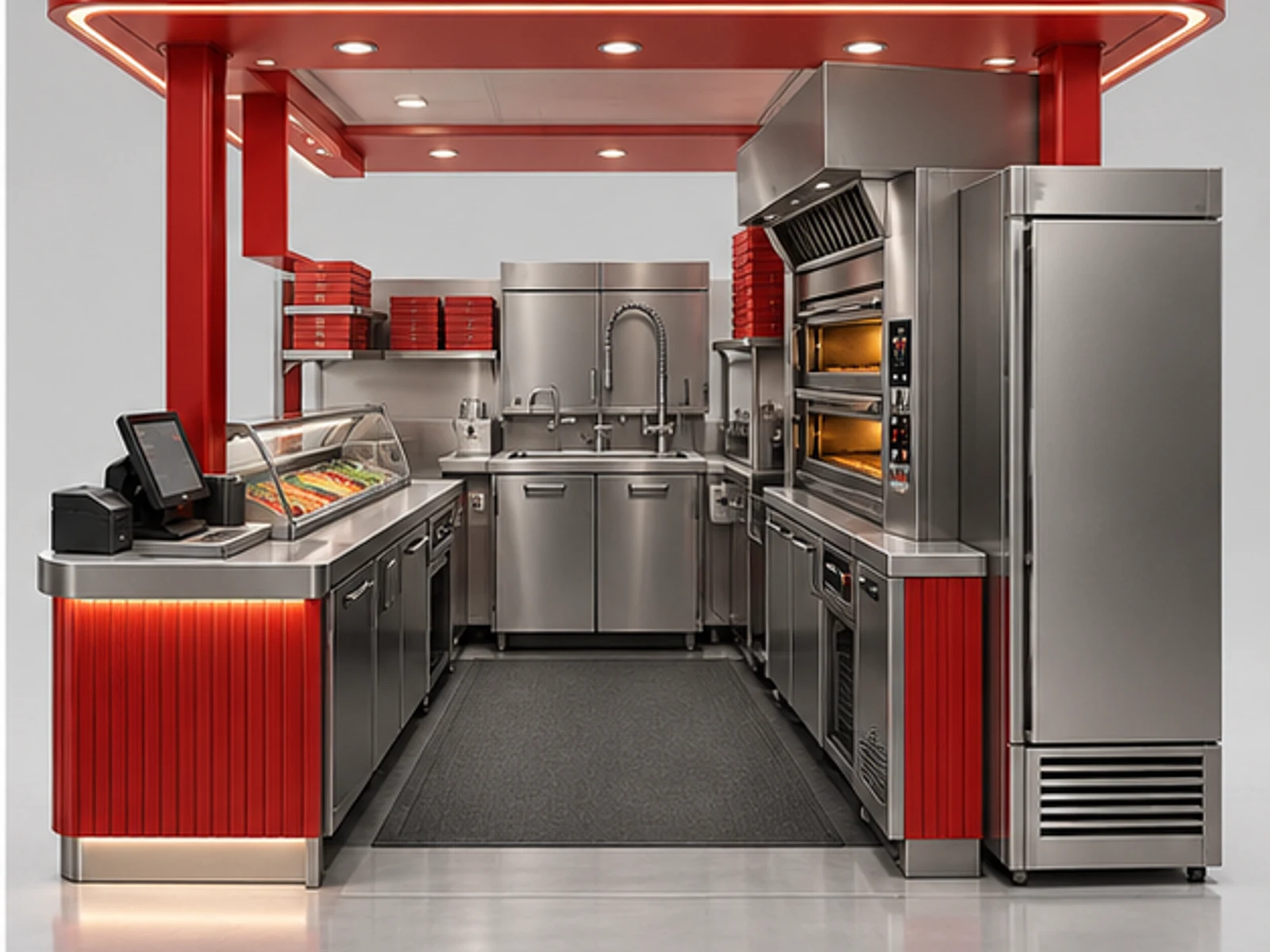 Red Pizza Booth with Refrigerated Topping Rail staff-side equipment and storage layout