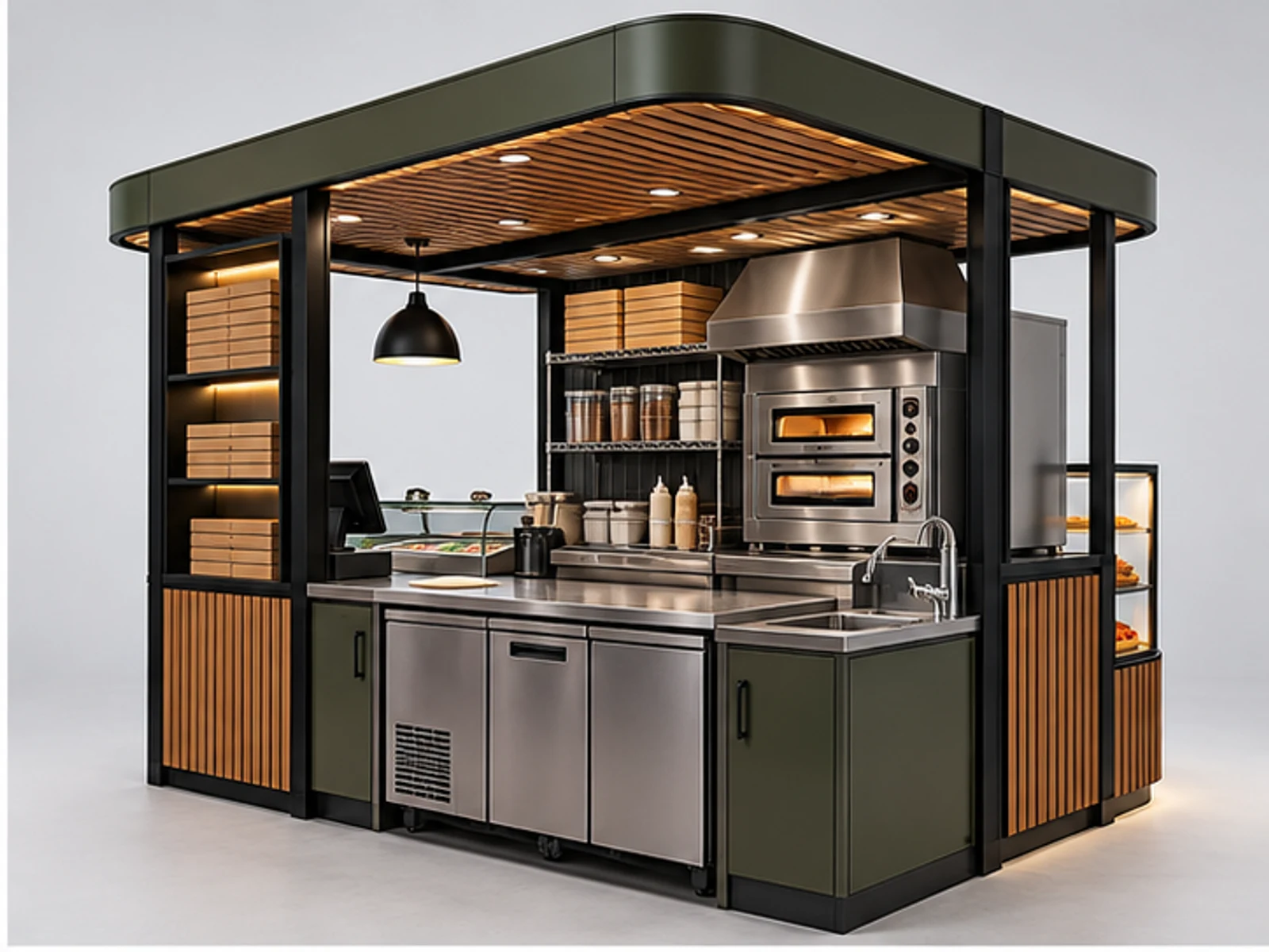 Small Pizza Counter with Delivery Pickup Shelf opposite angle showing overall kiosk layout
