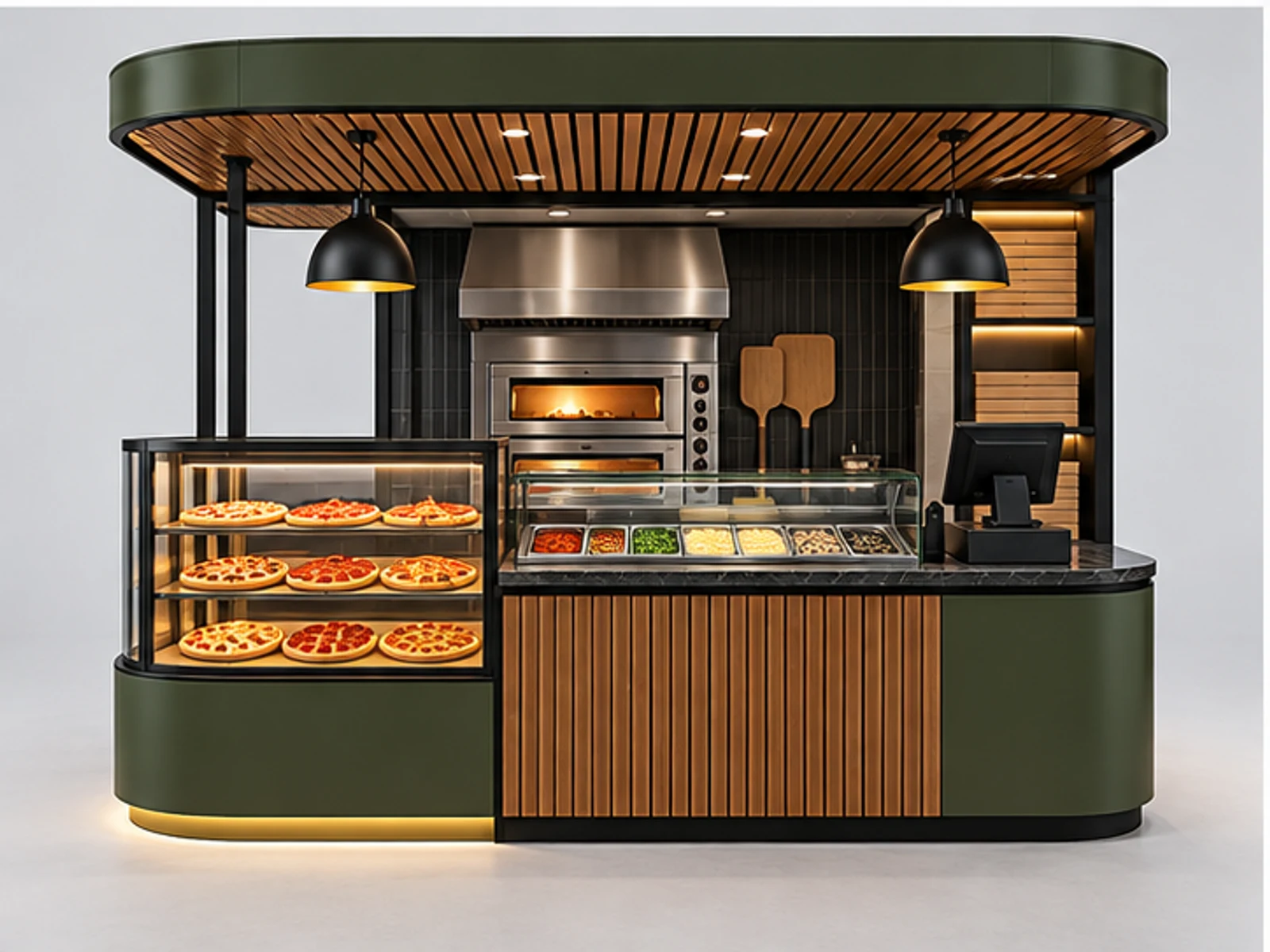 Small Pizza Counter with Delivery Pickup Shelf customer-facing display and service counter